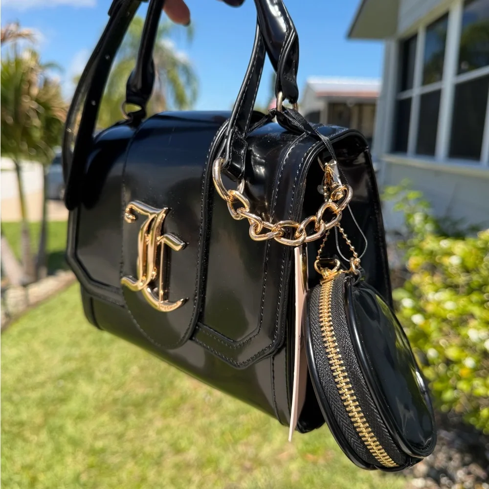 JUICY COUTURE Overstated Black Patent Flap Clutch with Gold Chain and Logo - Picture 6 of 14